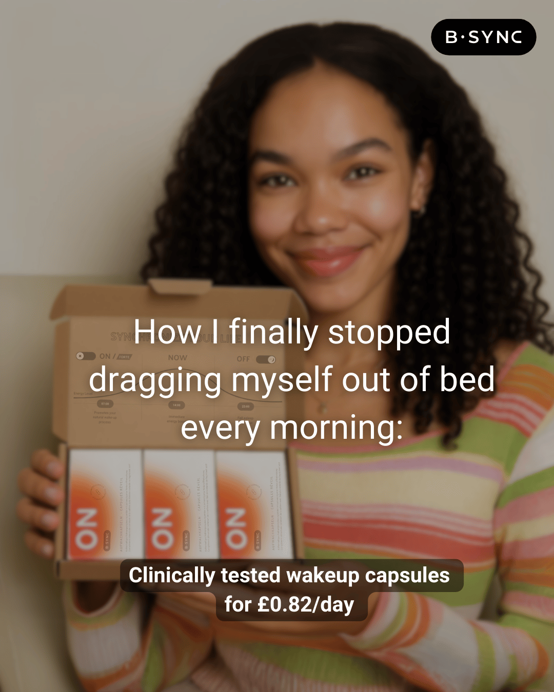 Person holding a box of 'ON' wakeup capsules with promotional text.