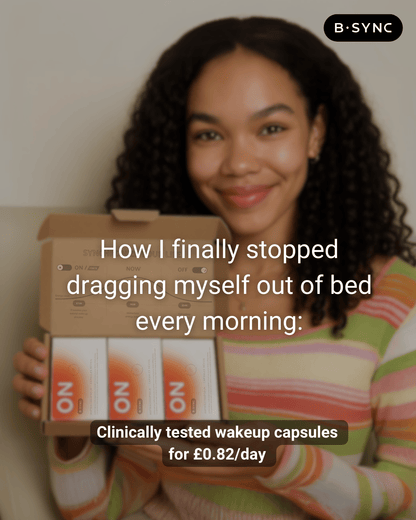 Person holding a box of 'ON' wakeup capsules with promotional text.