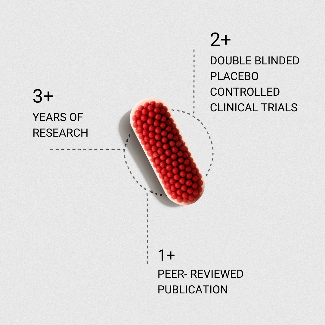 Red capsule pill with text on clinical trials and research on a light gray background