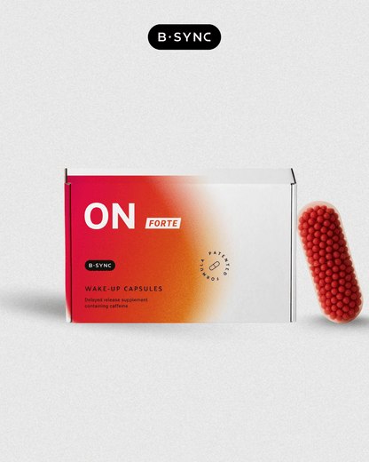 B'SYNC ON FORTE wake-up capsules packaging on a white background