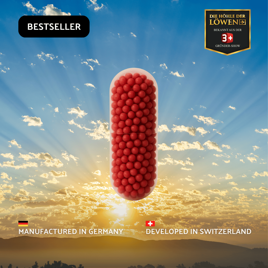 Red capsule-shaped object against a scenic background with 'Bestseller' label and branding elements.