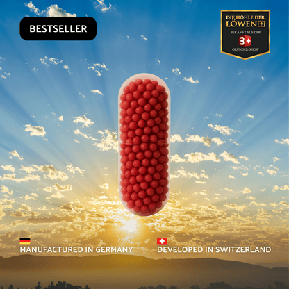 Red capsule-shaped object against a scenic background with 'Bestseller' label and branding elements.