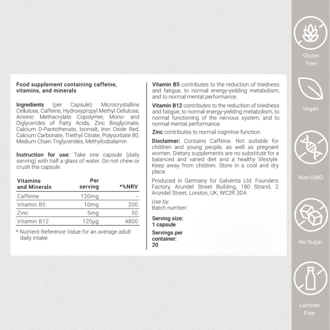 Nutritional supplement label with ingredients, vitamins, and minerals on a white background