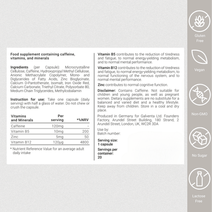 Nutritional supplement label with ingredients, vitamins, and minerals on a white background
